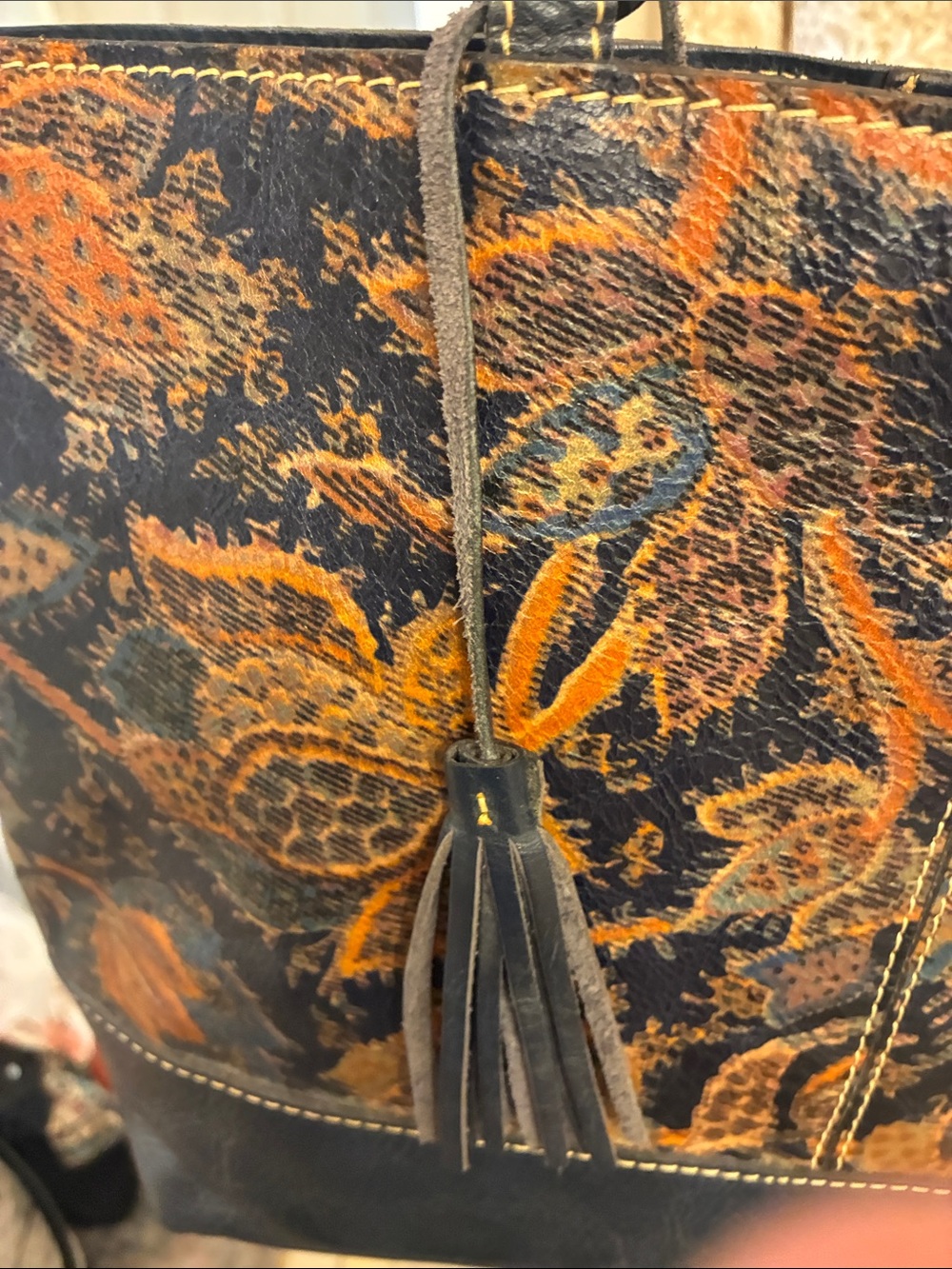 Patricia‎ Nash Navy and Brown Floral Tote with Mustard Pom - Picture 8 of 8